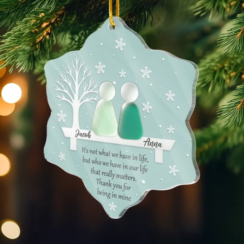 Custom Sea Glass Acrylic Ornament - Personalized Anniversary Christmas Wedding Gifts For Husband And Wife, Him And Her, Couples, Beach Lovers - Two Hearts One Shore