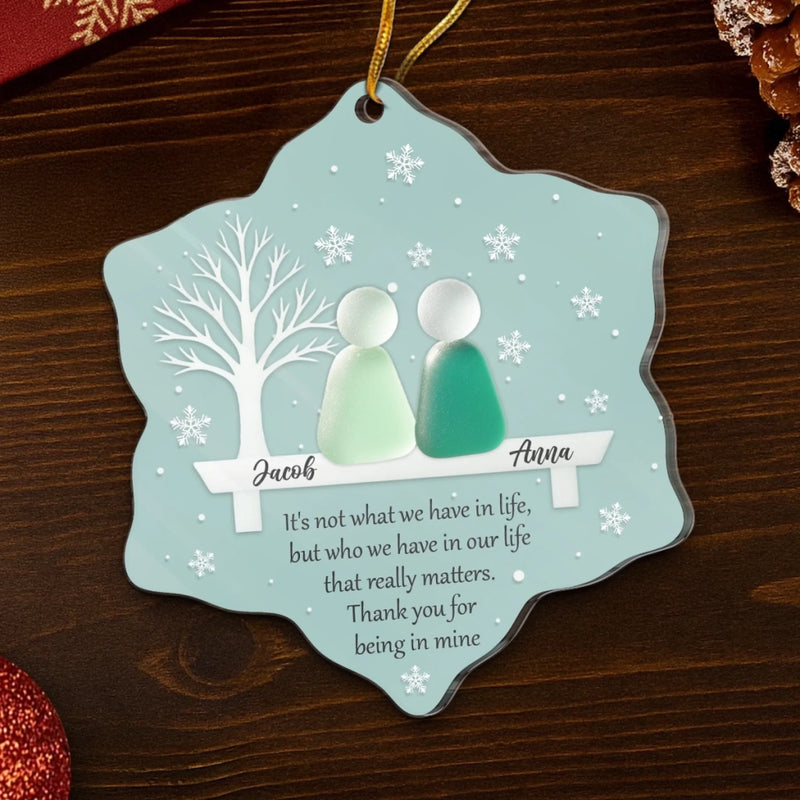 Custom Sea Glass Acrylic Ornament - Personalized Anniversary Christmas Wedding Gifts For Husband And Wife, Him And Her, Couples, Beach Lovers - Two Hearts One Shore