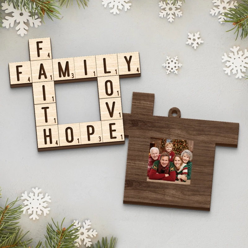 Custom Photo Scrabble Double Layer Wooden Ornament - Personalized Christmas Birthday Gifts For Mom, Dad, Brother, Sister, Kids - Our Family, Our Greatest Word
