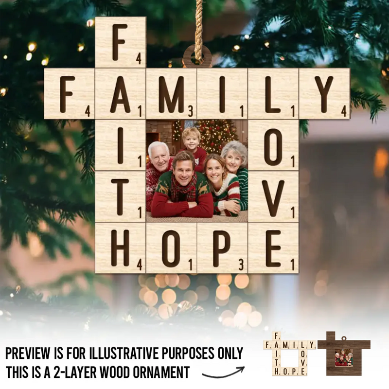 Custom Photo Scrabble Double Layer Wooden Ornament - Personalized Christmas Birthday Gifts For Mom, Dad, Brother, Sister, Kids - Our Family, Our Greatest Word