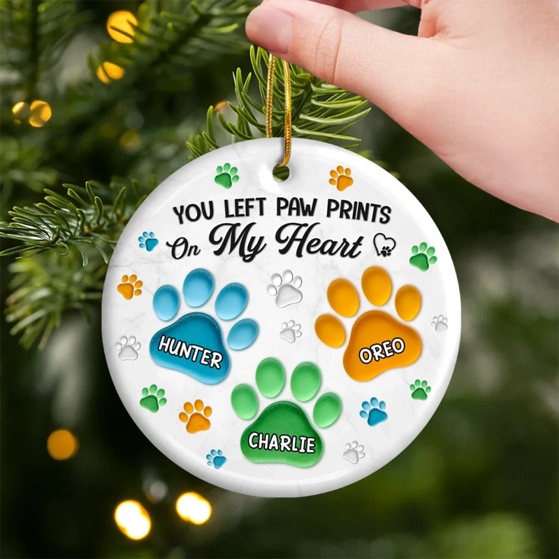 Custom Ceramic Ornament - Personalized Pet Christmas Memorial Sympathy Gifts For Dogs, Cats - Pawprints Etched On My Heart
