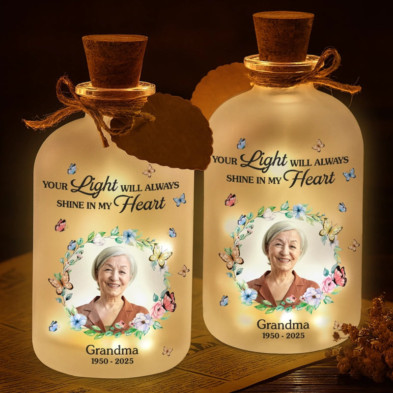 Custom Photo Glass Bottle LED Light - Personalized Christmas Memorial Sympathy Gifts For Loss Of Mom, Dad - Love Remains Beyond The Stars