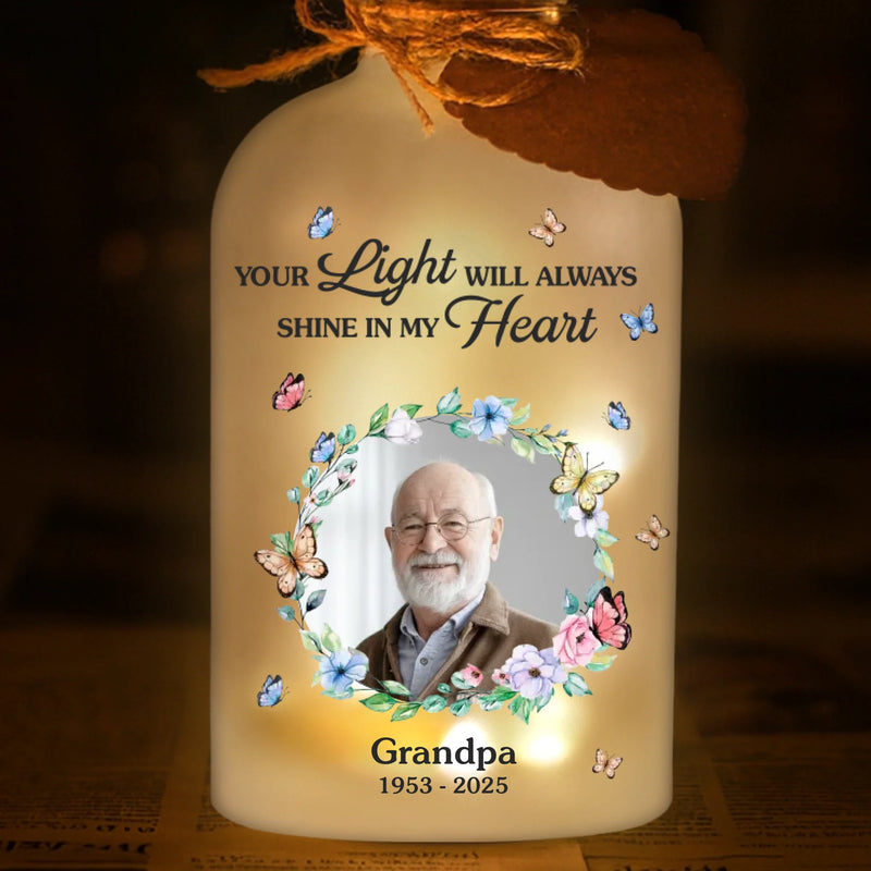 Custom Photo Glass Bottle LED Light - Personalized Christmas Memorial Sympathy Gifts For Loss Of Mom, Dad - Love Remains Beyond The Stars
