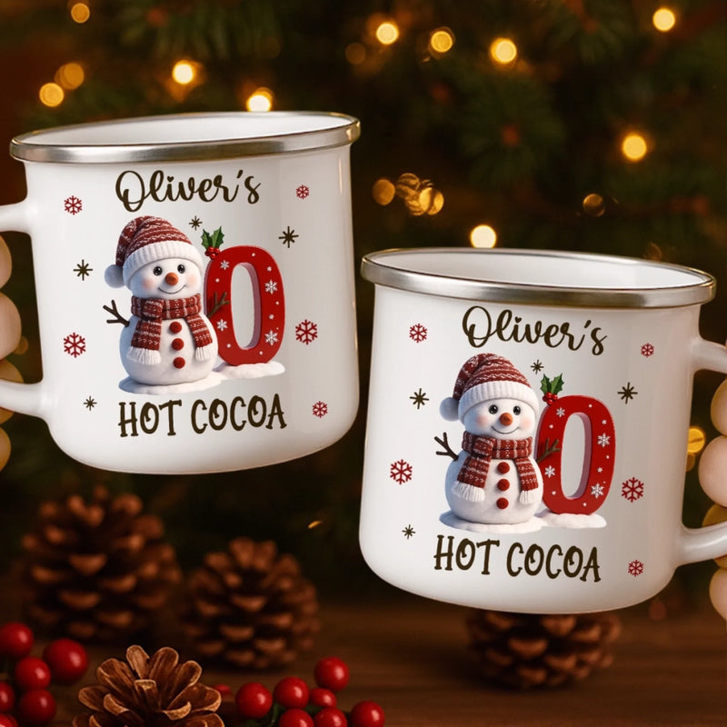 Custom Snowman Enamel Camping Mug - Personalized Christmas Birthday Gifts For Kids - Tiny Laughs Fill The Holiday Air