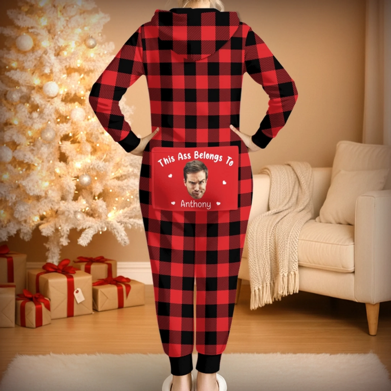 Custom Photo Adult Onesie Pajamas With Back Flap - Personalized Anniversary Christmas Wedding Gifts For Husband And Wife, Him And Her - Property Of My Favorite Troublemaker