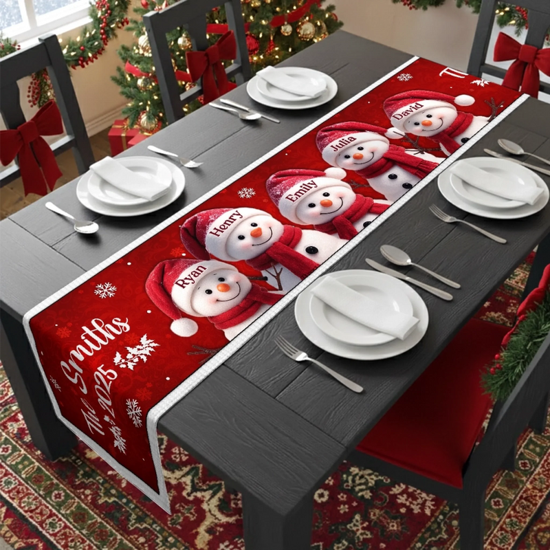 Custom Snowman Table Runner - Personalized Christmas Birthday Gifts For Mom, Dad, Brother, Sister, Kids - Joy Wrapped Around Our Hearts