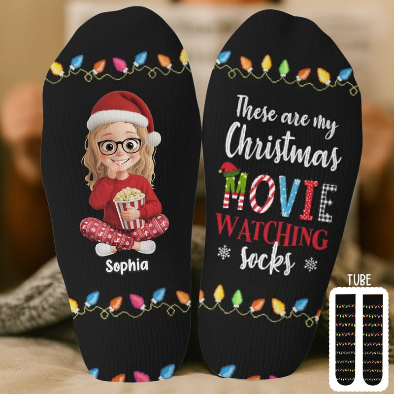 Custom Crew Socks - Personalized Christmas Birthday Gifts For Women, Men - Movie Time, Holiday Edition