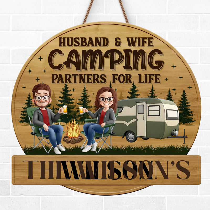 Custom Shaped Home Decor Wood Sign - Personalized Camping Gifts For Husband And Wife, Him And Her - Camping Partners For Life