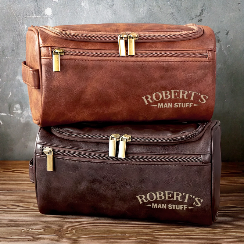 Custom Engraved Leather Toiletry Bag - Personalized  Christmas Birthday Gifts For Men - The Ultimate Man Kit