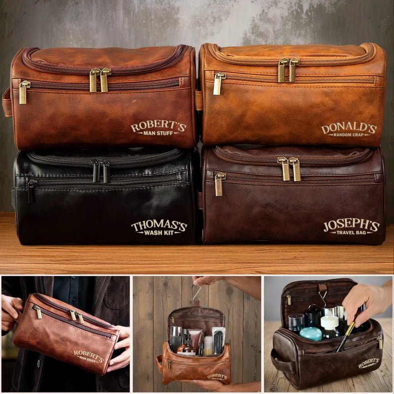 Custom Engraved Leather Toiletry Bag - Personalized  Christmas Birthday Gifts For Men - The Ultimate Man Kit