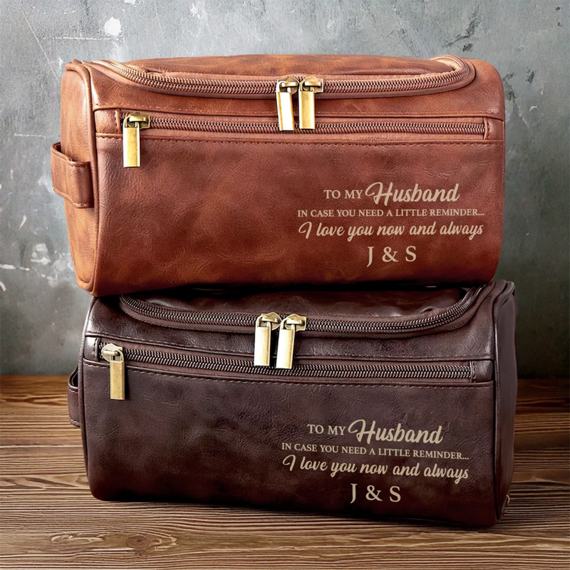 Custom Engraved Leather Toiletry Bag - Personalized Birthday Gifts For Husband - For The Man I Love