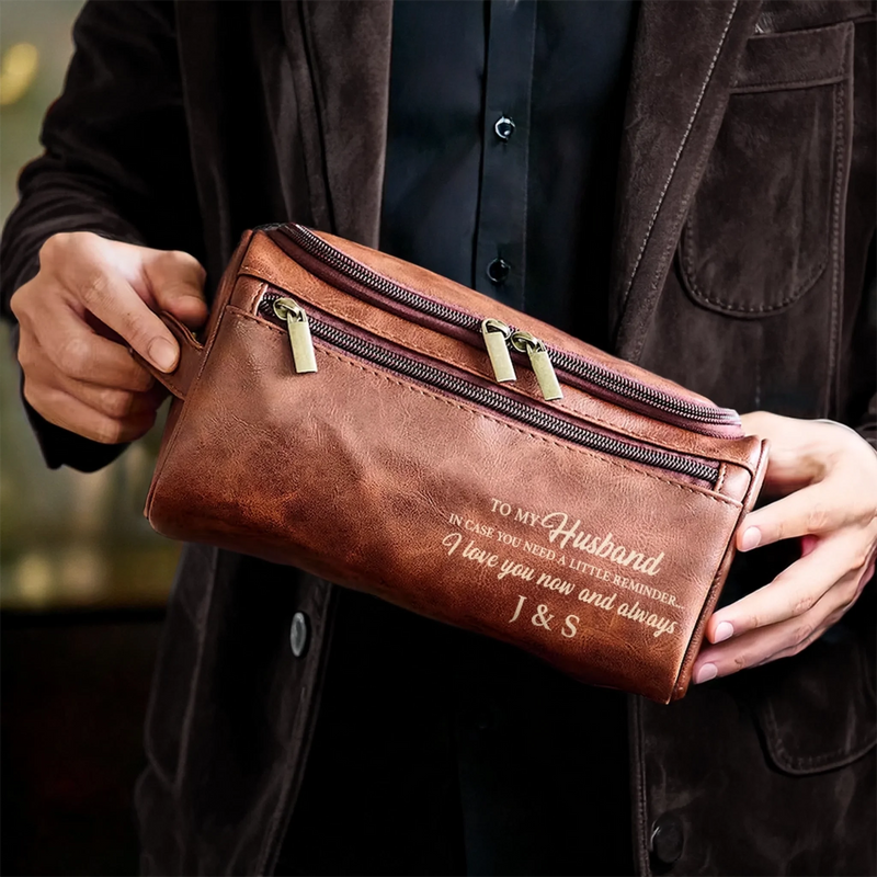Custom Engraved Leather Toiletry Bag - Personalized Birthday Gifts For Husband - For The Man I Love