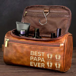 Custom Engraved Leather Toiletry Bag - Personalized Birthday Gifts For Dad, Grandpa, Papa - Wisdom Strength And Gentle Hearts