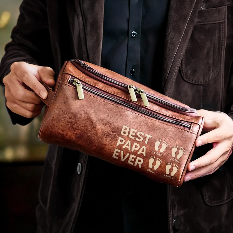 Custom Engraved Leather Toiletry Bag - Personalized Birthday Gifts For Dad, Grandpa - Wisdom Strength And Gentle Hearts