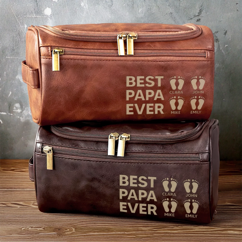 Custom Engraved Leather Toiletry Bag - Personalized Birthday Gifts For Dad, Grandpa - Wisdom Strength And Gentle Hearts