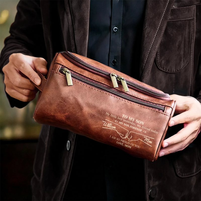 Custom Engraved Leather Toiletry Bag - Personalized Birthday Gifts For Son - Carry Confidence Daily