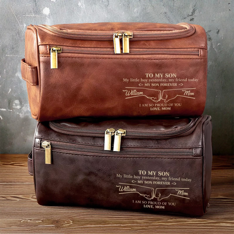 Custom Engraved Leather Toiletry Bag - Personalized Birthday Gifts For Son - Carry Confidence Daily