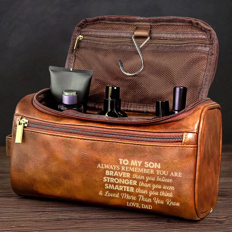 Custom Engraved Leather Toiletry Bag - Personalized Birthday Gifts For Son - Every Mile Matters