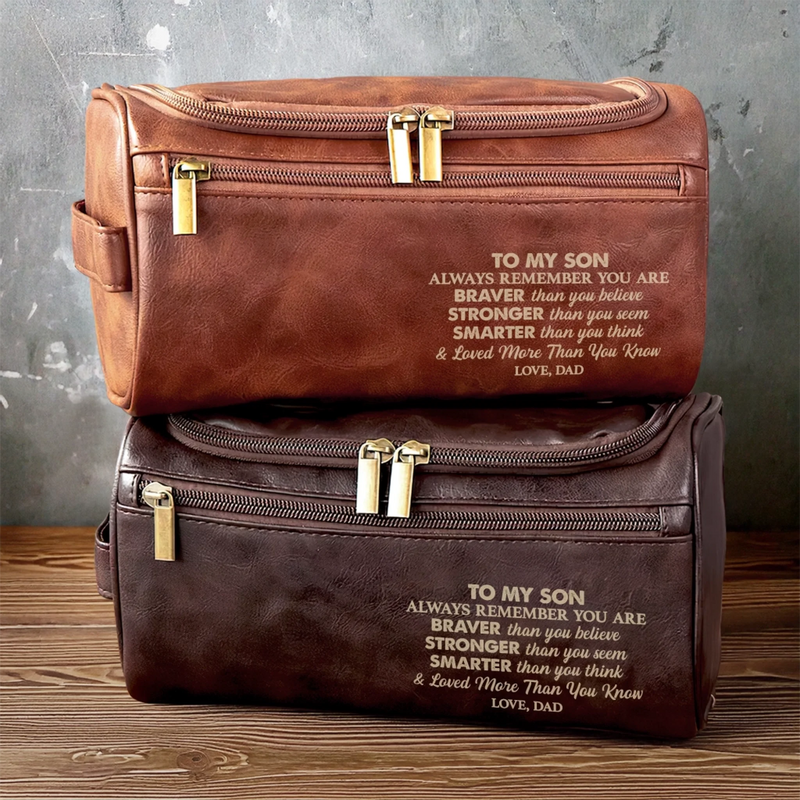 Custom Engraved Leather Toiletry Bag - Personalized Birthday Gifts For Son - Every Mile Matters