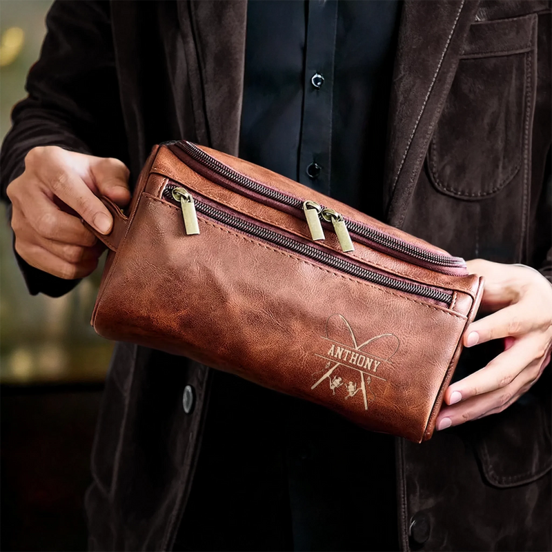 Custom Engraved Leather Toiletry Bag - Personalized  Christmas Birthday Fishing Gifts For Fisherman - For The Guy Who Never Misses A Bite