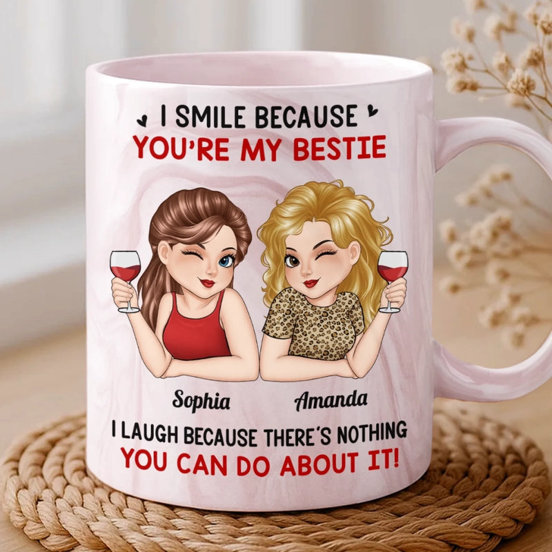 Custom 11oz Pink Marble Mug - Personalized Best Friend Birthday Gifts For Women, Besties, Sisters, BFF - I Smile Because You Are My Bestie