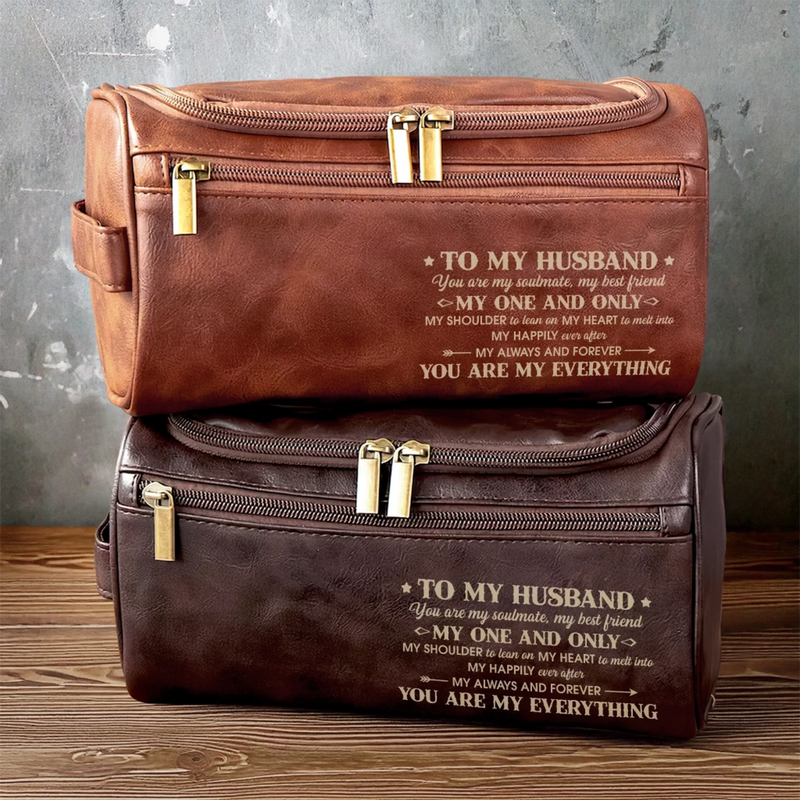 Custom Engraved Leather Toiletry Bag - Personalized Birthday Gifts For Husband - With You Life Feels Right