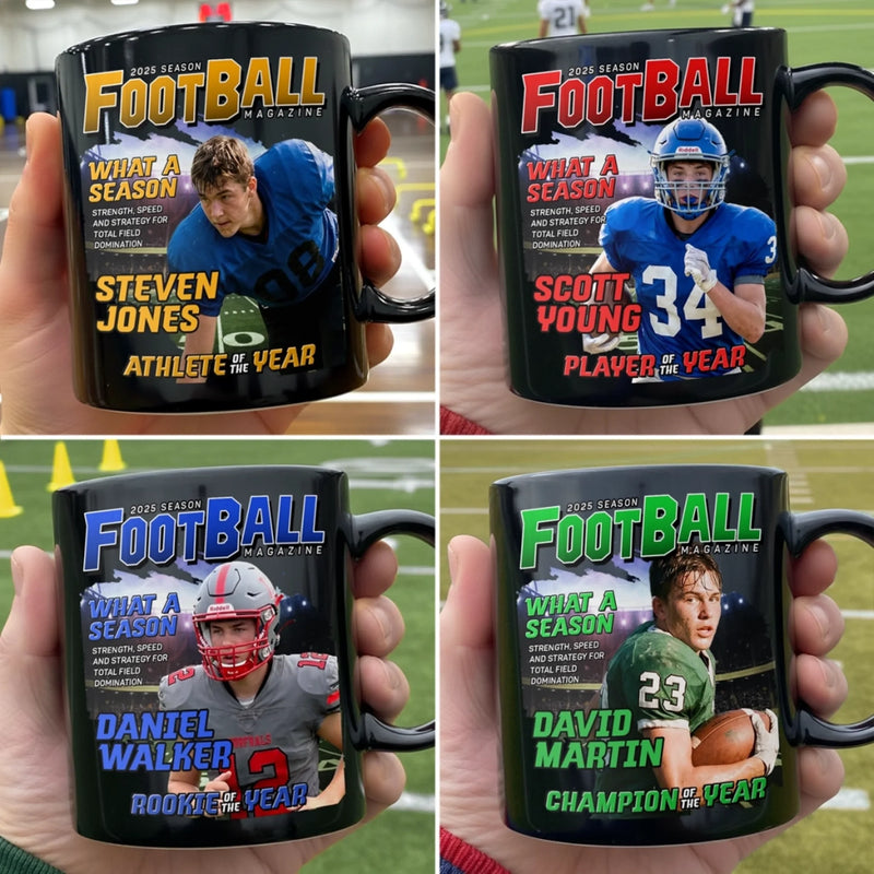 Custom Photo Magazine Black Mug - Personalized Christmas Birthday American Football Gifts For Football Lovers, Sports Fans, Sports Lovers - Game On, Greatness In Motion