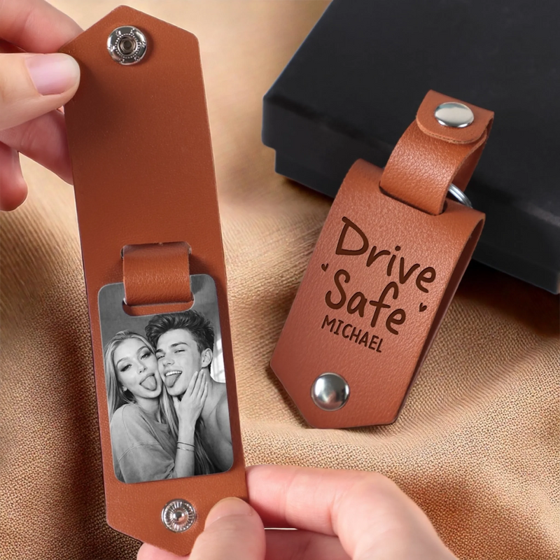 Custom Photo Engraved Leather Keychain - Personalized Anniversary Wedding Gifts For Husband And Wife, Him And Her  - We Grow Closer Each Day