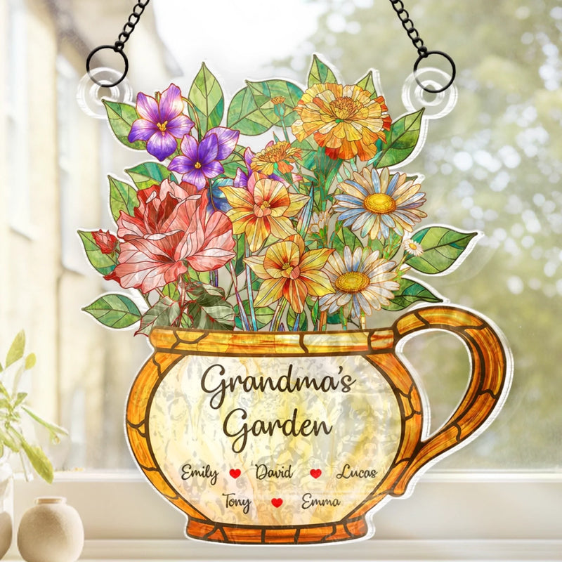 Custom Wavy Acrylic Window Suncatcher - Personalized Mother's Day Birthday Gifts For Mom, Grandma - Love Planted, Memories Bloom