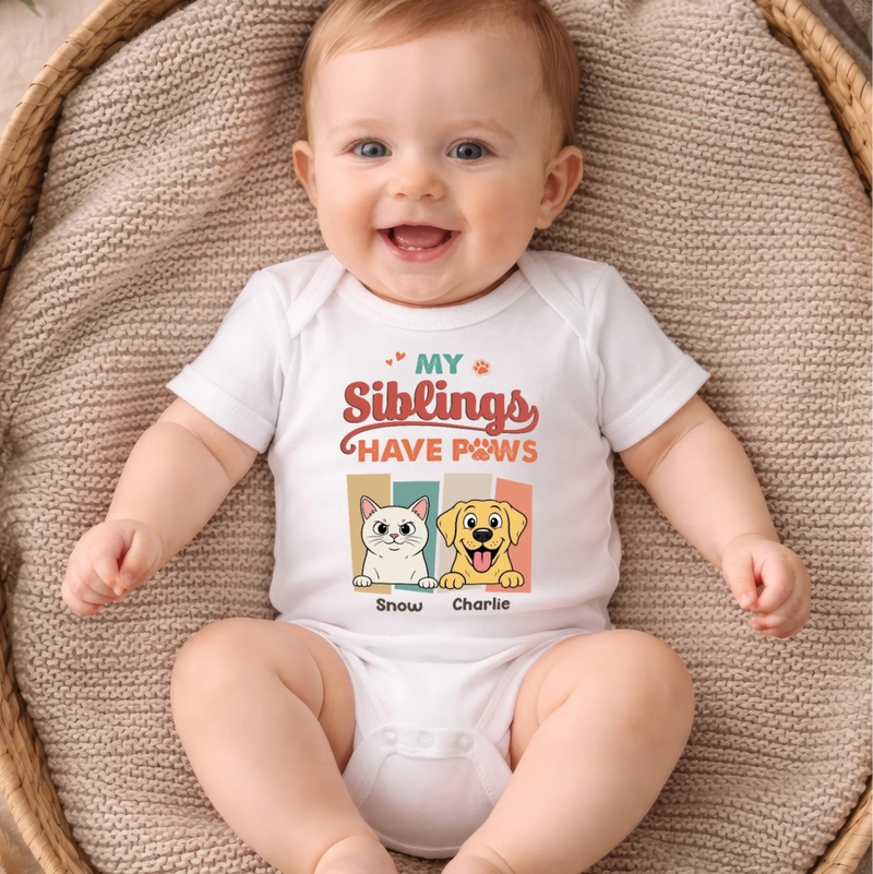 Custom First Mother's Day Baby Onesie - Personalized Baby Shower, Gender Reveal Gifts For New Moms, New Dads, New Parents, Dog Cat Lovers - My Siblings Have Paws
