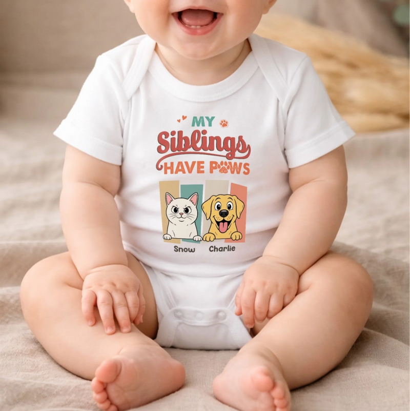 Custom First Mother's Day Baby Onesie - Personalized Baby Shower, Gender Reveal Gifts For New Moms, New Dads, New Parents, Dog Cat Lovers - My Siblings Have Paws