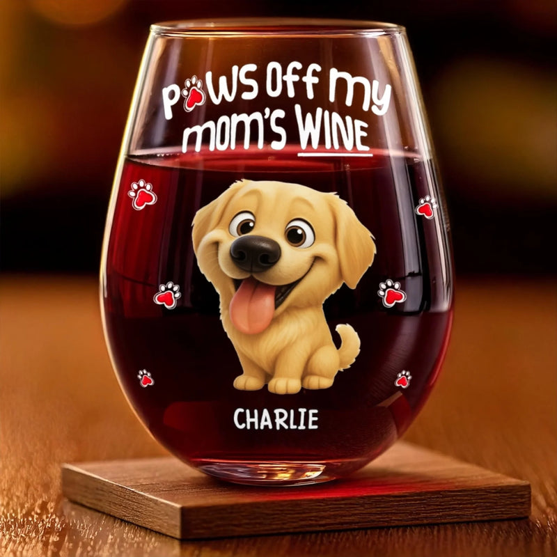Custom Wine Glass - Personalized Christmas Birthday Gifts For Dog Cat Lovers, Dog Dad And Mom, Cat Owners - Paws Off My Mom's Wine