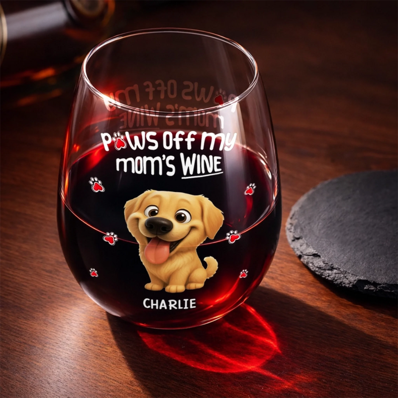 Custom Wine Glass - Personalized Christmas Birthday Gifts For Dog Cat Lovers, Dog Dad And Mom, Cat Owners - Paws Off My Mom's Wine