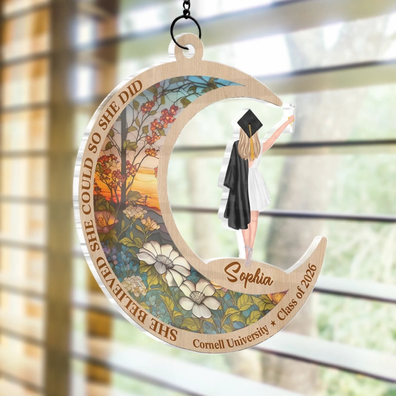She Believed She Could, So She Did - Family Personalized Window Hanging Suncatcher Ornament - Graduation Gift For Family Members, Siblings, Brothers, Sisters