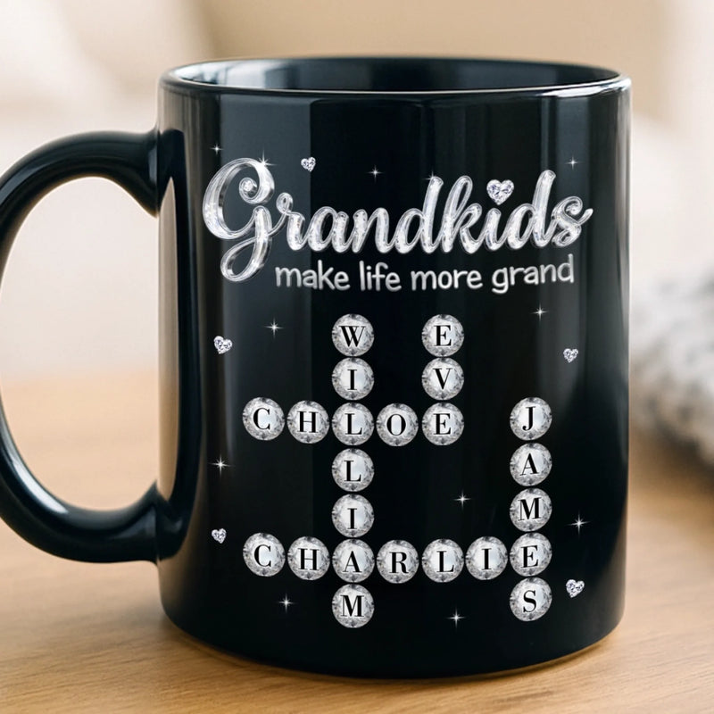 Custom Scrabble Black Mug - Personalized Mother's Day Birthday Gifts For Mom, Grandma - Happiness Is Grandkids