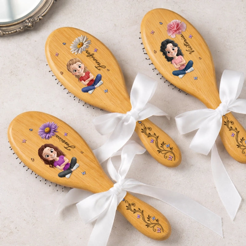 Custom Birth Month Flower Hair Brush - Personalized Thank You Birthday Gifts For Her, Friends, Sisters, Daughters, Mother, Bridesmaid - Besties Make The Best Memories