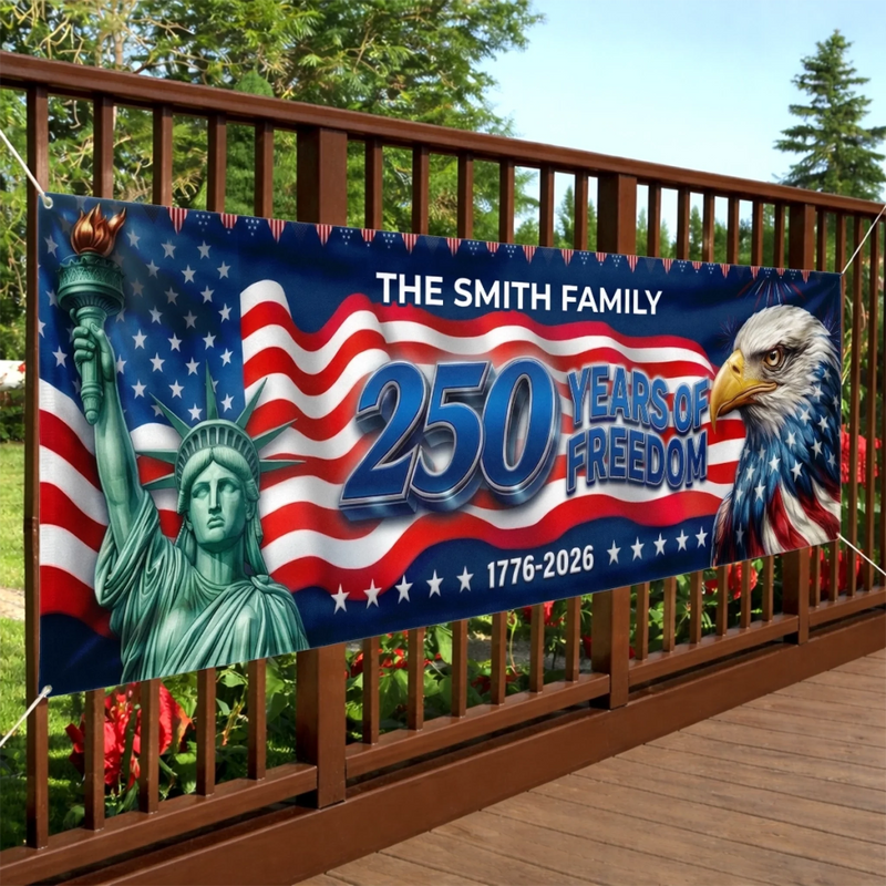 Custom Polyester Outdoor Banner - Personalized America 250th Anniversary Gifts For Mom, Dad, Brother, Sister, Kids - Built On Strength And Honor