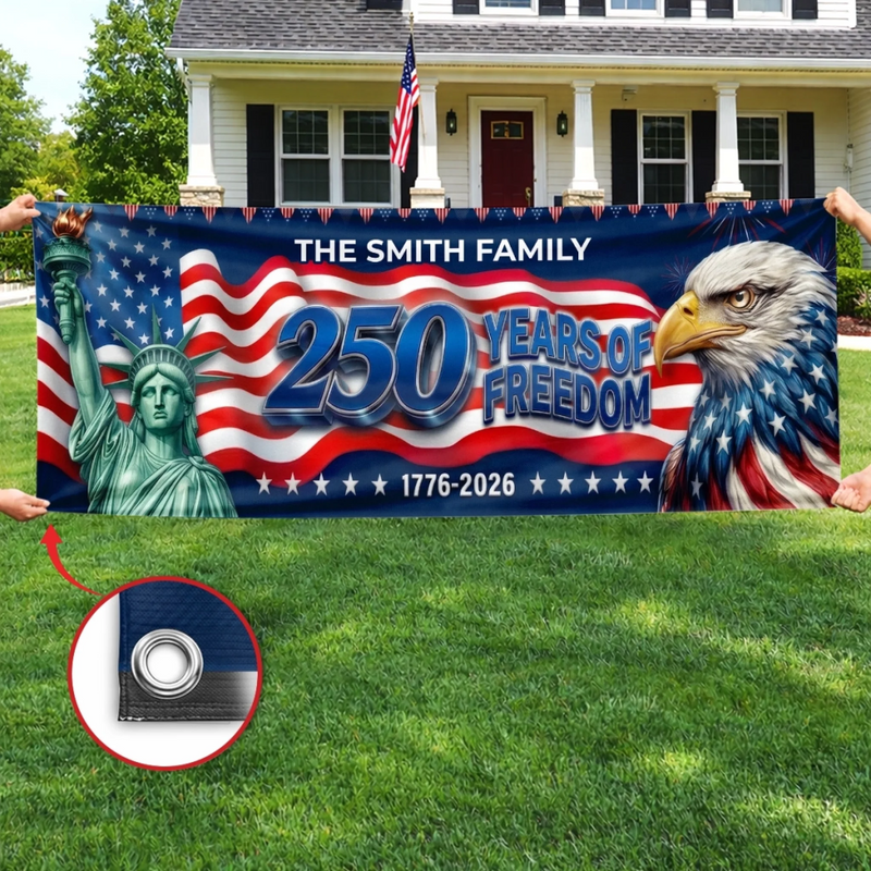 Custom Polyester Outdoor Banner - Personalized America 250th Anniversary Gifts For Mom, Dad, Brother, Sister, Kids - Built On Strength And Honor