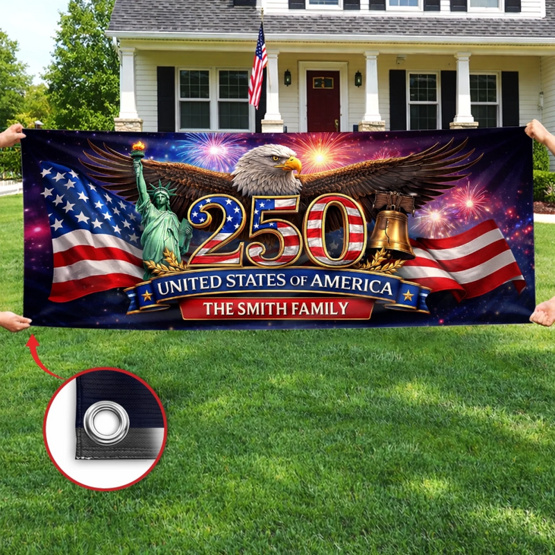 Custom Polyester Outdoor Banner - Personalized America 250th Anniversary Gifts For Mom, Dad, Brother, Sister, Kids - Freedom Starts At Home