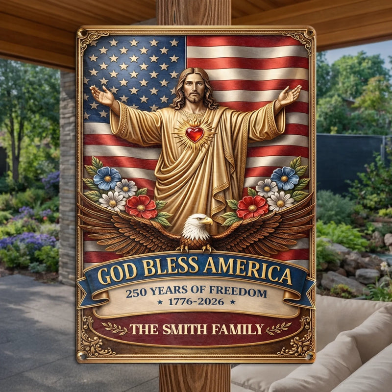Custom Home Decor Metal Sign - Personalized America 250th Anniversary Gifts For Mom, Dad, Brother, Sister, Kids - Built On Freedom, Led By Love