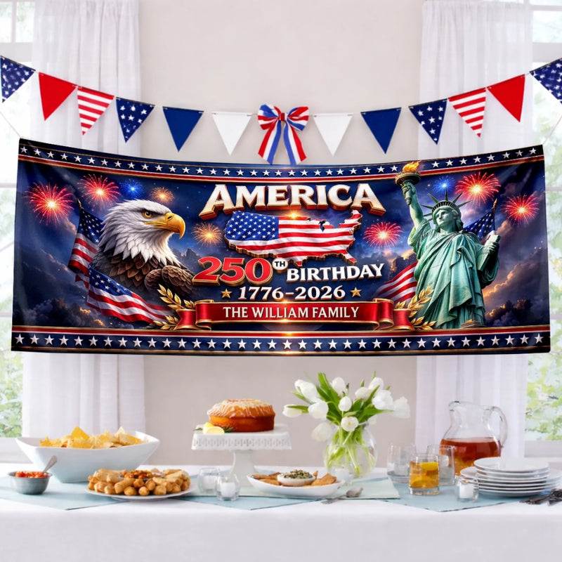 Custom Polyester Outdoor Banner - Personalized America 250th Anniversary Gifts For Mom, Dad, Brother, Sister, Kids - United In Freedom