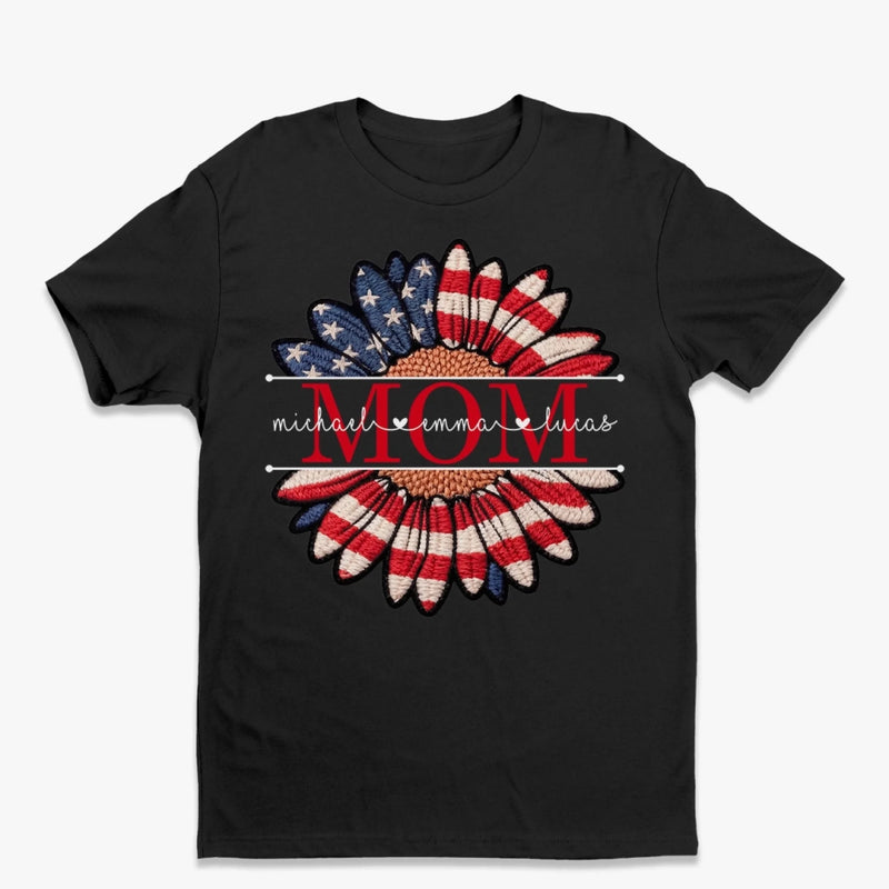 Custom Faux Embroidery Unisex T-shirt, Premium T-shirt, Hoodie - Personalized Mother's Day Birthday Gifts For Mom, Grandma - Patriotic Petals, Mama Pride