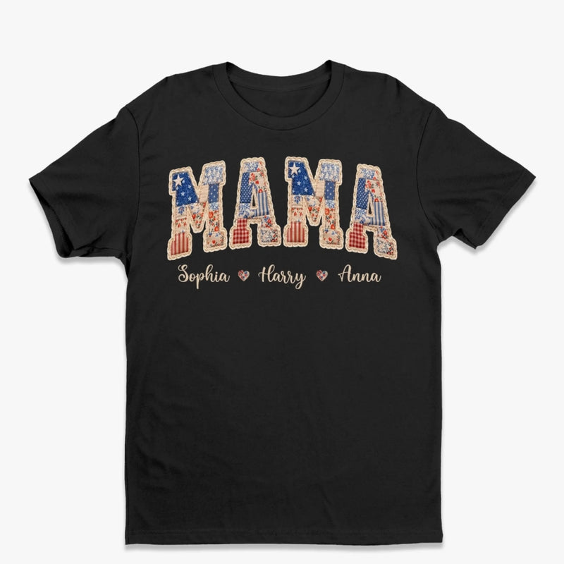 Custom Faux Embroidery Unisex T-shirt, Premium T-shirt, Hoodie - Personalized Mother's Day Birthday Gifts For Mom, Grandma - Stars, Stripes And Mama Love