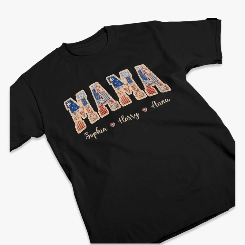 Custom Faux Embroidery Unisex T-shirt, Premium T-shirt, Hoodie - Personalized Mother's Day Birthday Gifts For Mom, Grandma - Stars, Stripes And Mama Love