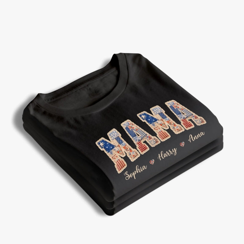 Custom Faux Embroidery Unisex T-shirt, Premium T-shirt, Hoodie - Personalized Mother's Day Birthday Gifts For Mom, Grandma - Stars, Stripes And Mama Love