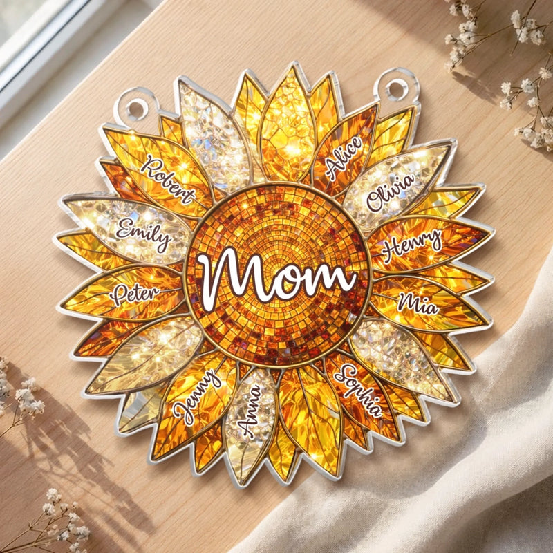 Custom Sunflower Window Hanging Suncatcher Ornament - Personalized Mother's Day Birthday Gifts For Mom, Grandma - The Sunshine Of Our Family