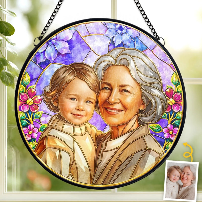 Custom Photo Stained Glass Window Hanging Suncatcher - Personalized Mother's Day Gifts For Mom, Grandma - Grandma’s Love, Forever Glowing