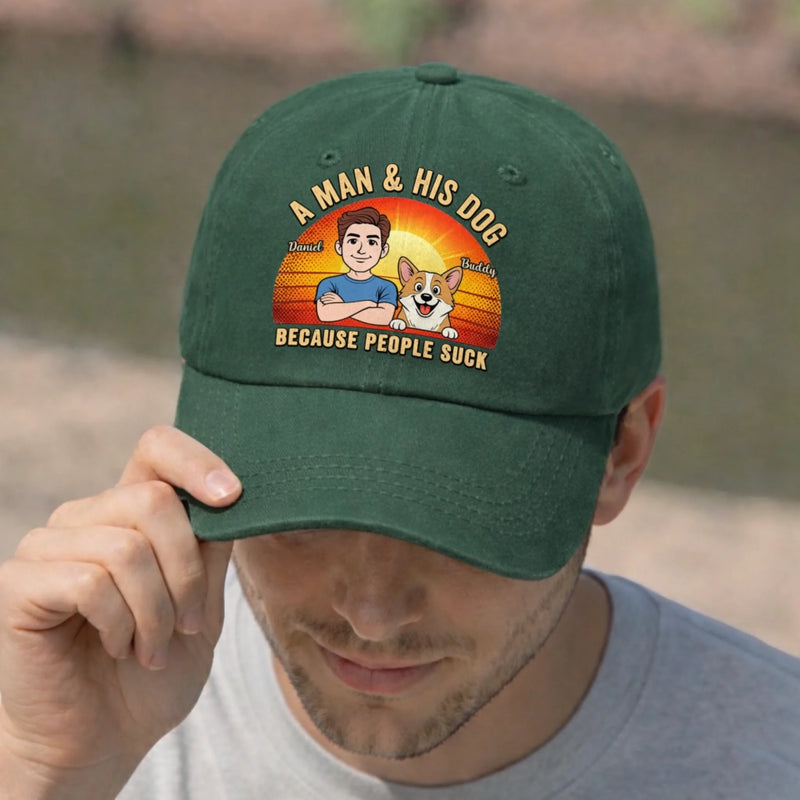Custom Vintage Washed Denim Baseball Cap - Personalized Father's Day Birthday Gifts For Dog Lovers, Dog Dad And Mom - Peace Love Dogs