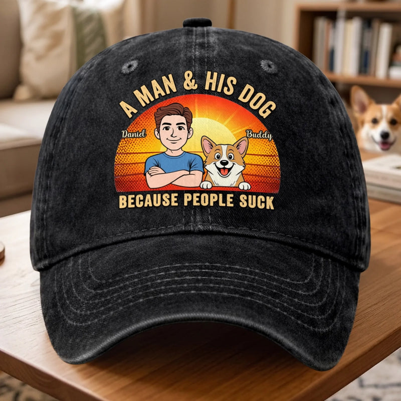 Custom Vintage Washed Denim Baseball Cap - Personalized Father's Day Birthday Gifts For Dog Lovers, Dog Dad And Mom - Peace Love Dogs