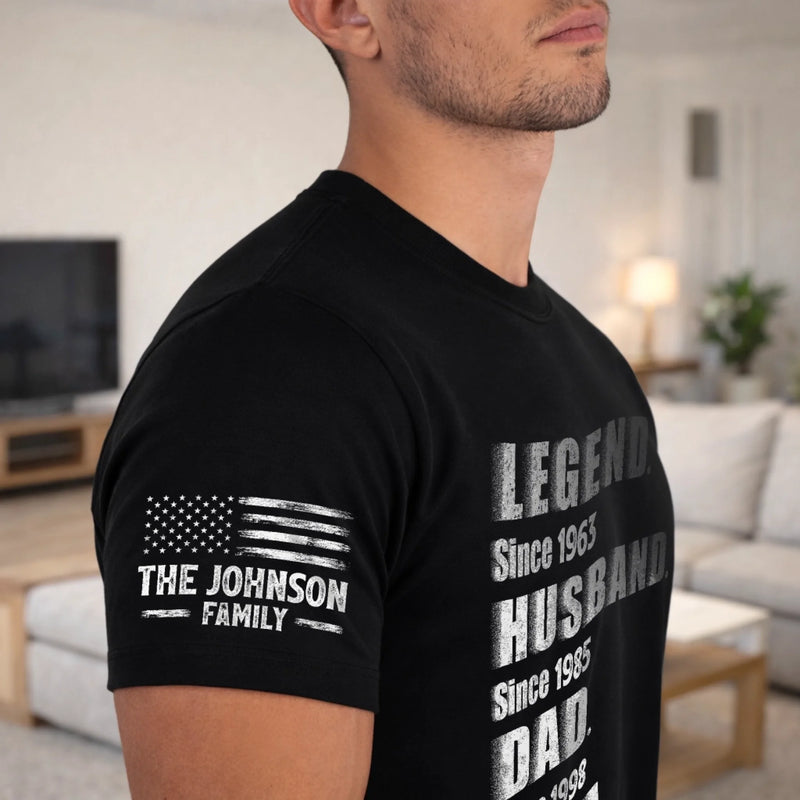 Custom Unisex T-Shirt With Design On Sleeve - Personalized Father's Day Birthday Gifts For Dad, Grandpa - Stepping Into A New Legacy